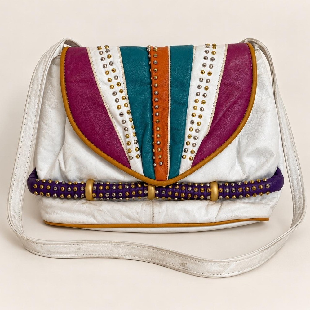 Vintage Colorful Studded Leather Shoulder Bag